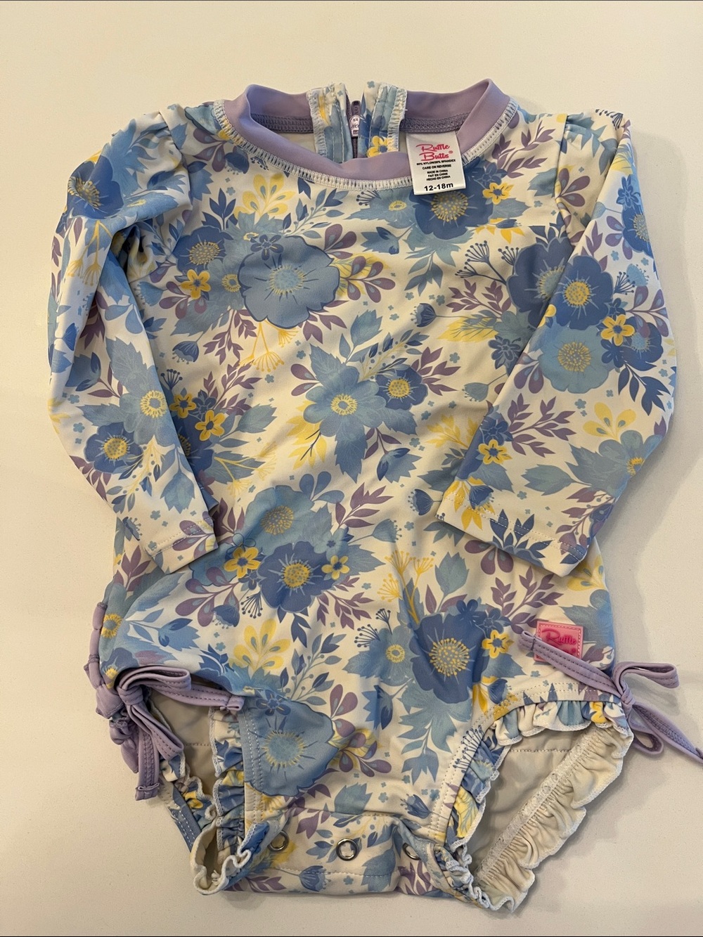 Floral Long Sleeve Baby Swimsuit - Blue, Yellow, Lavender